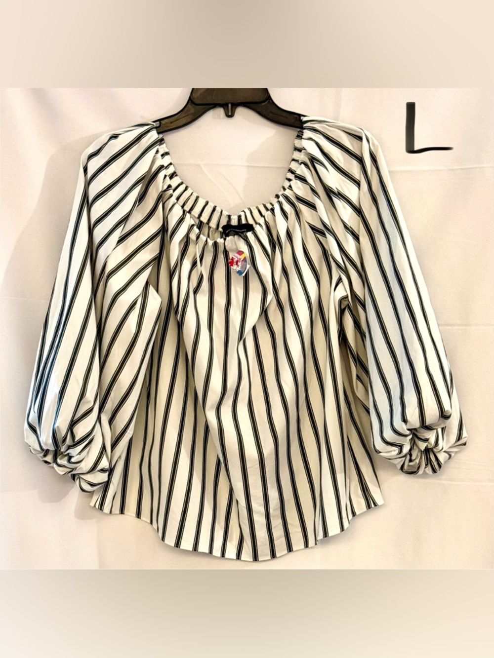 White House Black Market Black & White Striped Peasant Top